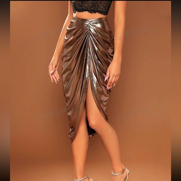SHEIN Dresses & Skirts - Metallic Gold Scrunch Gathered Fancy Midi Party Skirt